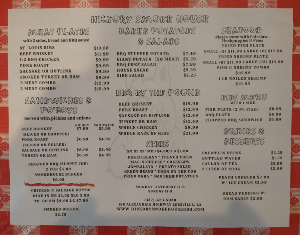The Hickory Smoke House Leesville Menu 1